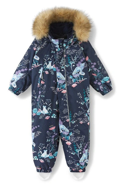 Shop Reima Tec Waterproof Snowsuit With Faux Fur Trim In Navy