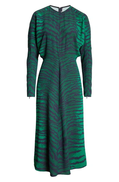 Shop Victoria Beckham Tiger Print Long Sleeve Midi Dress In Tiger Allover - Green/ Navy