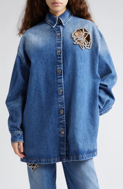 Shop Stella Mccartney Crystal Flower Cutout Denim Button-up Shirt In Mid Blue