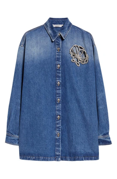 Shop Stella Mccartney Crystal Flower Cutout Denim Button-up Shirt In Mid Blue