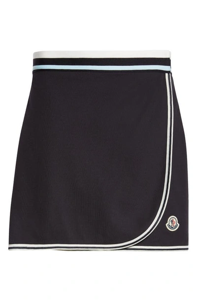 Shop Moncler Logo Patch Faux Wrap Skirt In Dark Navy Blue