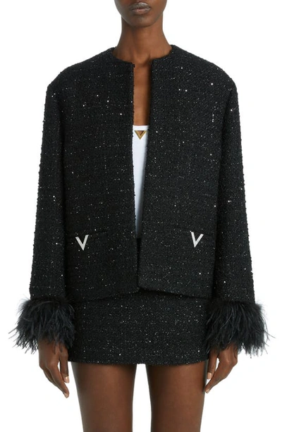 Shop Valentino Feather Trim Metallic Tweed Jacket In Nero Lurex