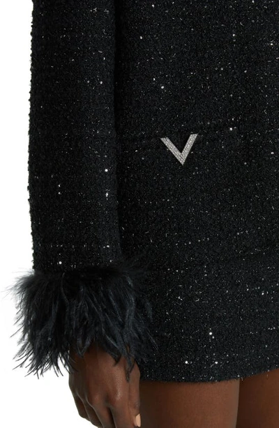 Shop Valentino Feather Trim Metallic Tweed Jacket In Nero Lurex