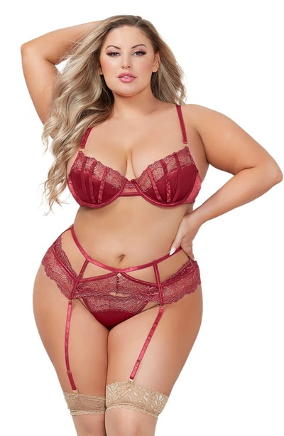 Seven 'til Midnight Seven ‘til Midnight Lace Underwire Bra, Garter Belt & G-string Set In Wine