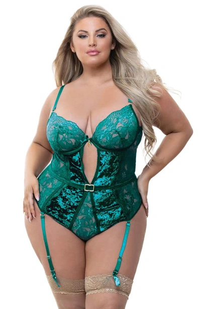 Seven 'til Midnight Seven ‘til Midnight Velvet & Lace Garter Strap Teddy In Green