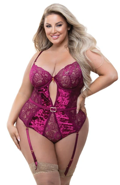 Seven 'til Midnight Seven ‘til Midnight Velvet & Lace Garter Strap Teddy In Wine