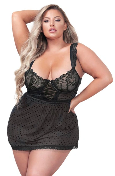 Shop Seven 'til Midnight Lace Cup Heart Mesh Babydoll & Thong Set In Black