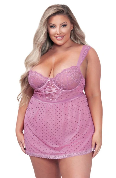Seven 'til Midnight Seven ‘til Midnight Lace Cup Heart Mesh Babydoll & Thong Set In Pink