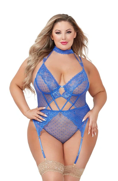Seven 'til Midnight Seven ‘til Midnight Lace & Mesh Dot Teddy In Blue