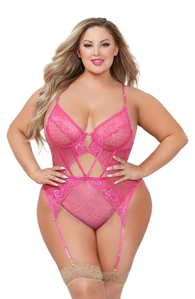 Seven 'til Midnight Seven ‘til Midnight Lace & Mesh Dot Teddy In Pink