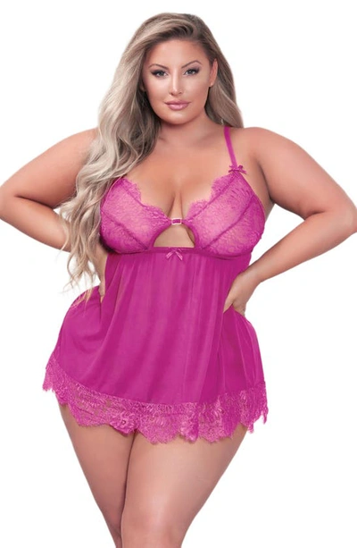 Seven 'til Midnight Seven ‘til Midnight Lace Trim Mesh Babydoll & Panties Set In Fuchsia