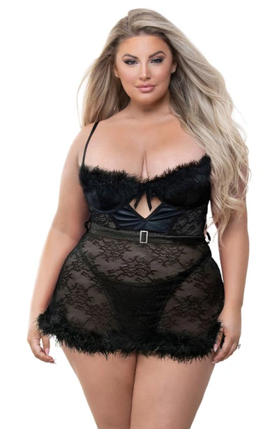 Seven 'til Midnight Seven ‘til Midnight Feather Trim Lace Babydoll & G-string Set In Black