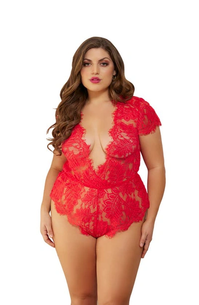 Shop Seven 'til Midnight Seven ‘til Midnight Mesh & Eyelash Lace Teddy In Red