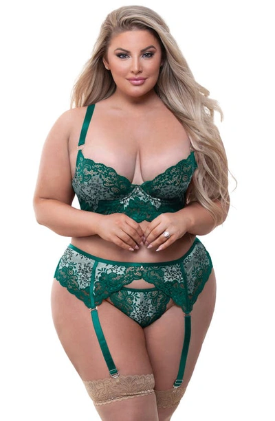 Seven 'til Midnight Seven ‘til Midnight Lace Underwire Bra, Garter Belt & G-string Set In Green