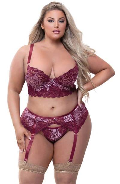 Seven 'til Midnight Seven ‘til Midnight Lace Underwire Bra, Garter Belt & G-string Set In Wine