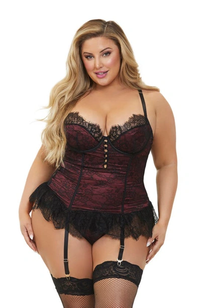 Seven 'til Midnight Lace Skirted Basque & Thong Set In Black/ Wine
