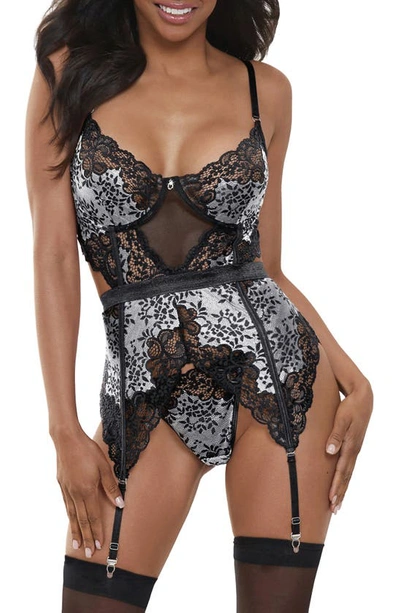 Shop Seven 'til Midnight Seven ‘til Midnight Lace Basque & Thong Set In Black