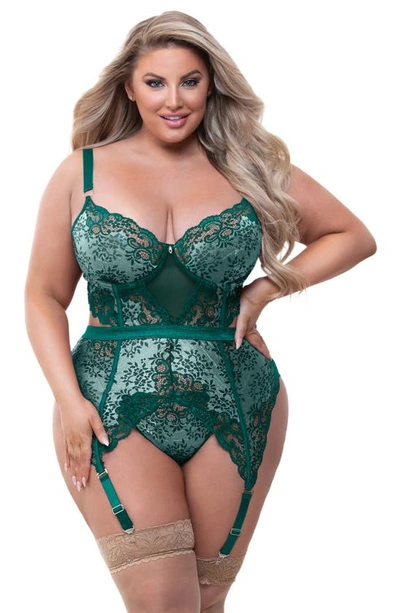 Shop Seven 'til Midnight Lace Basque & Thong Set In Green
