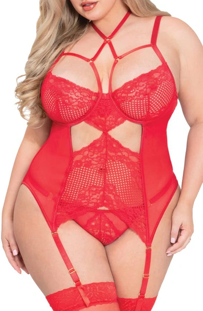 Seven 'til Midnight Seven ‘til Midnight Mesh Lace Basque & Thong Set In Red