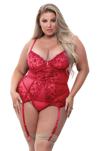 Seven 'til Midnight Seven ‘til Midnight Lace & Mesh Bustier & G-string Set In Red