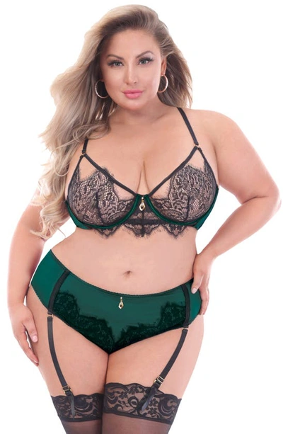 Seven 'til Midnight Seven ‘til Midnight Eyelash Lace Bra & Panties Set In Green