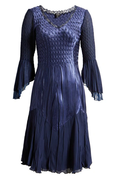 Shop Komarov Amna Bell Sleeve Chiffon & Lace A-line Dress In Midnight Navy