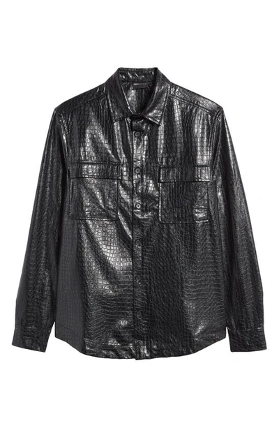 Shop Asos Design Crocodile Embossed Faux Leather Button-up Shirt In Black