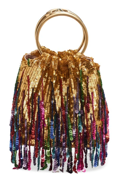 Shop Valentino Small Carry Secrets Sequin Fringe Bucket Bag In L05 Oro/ Multicolor