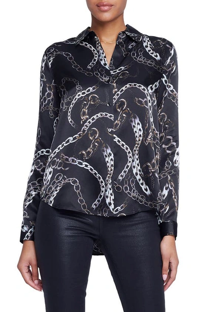 Shop L Agence Tyler Chain Print Silk Button-up Shirt In Black Multi Grunge Chain