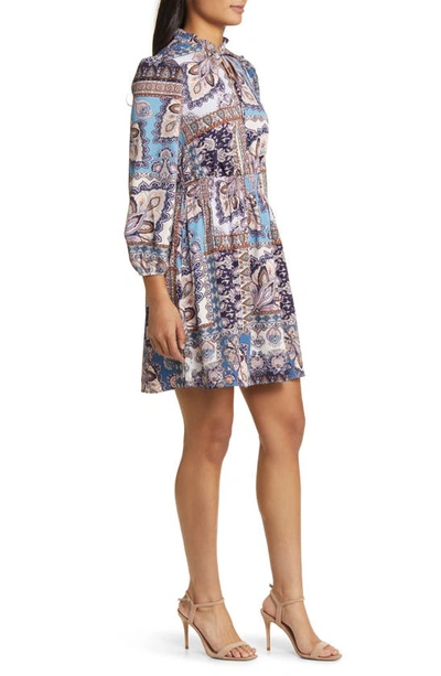 Shop Vince Camuto Print Ruffle Tie Neck Long Sleeve Dress In Blue