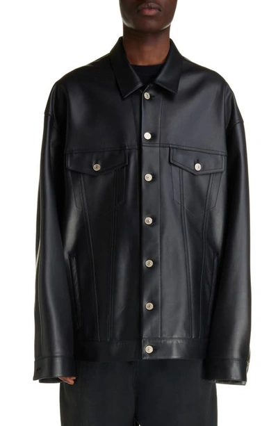 Shop Balenciaga Oversize Leather Shirt Jacket In Black