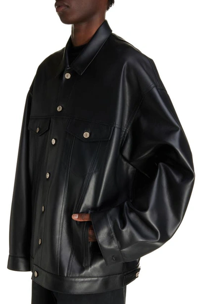 Shop Balenciaga Oversize Leather Shirt Jacket In Black