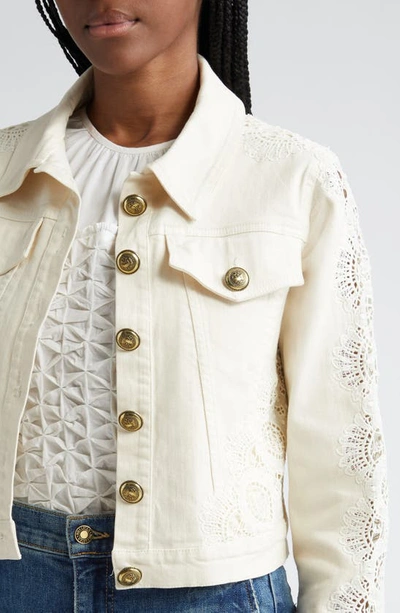 Shop Ramy Brook Nalani Lace Detail Stretch Cotton Trucker Jacket In Ecru Lace Denim