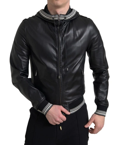 Shop Dolce & Gabbana Black Leather Full Zip Hooded Men Men's Jacket