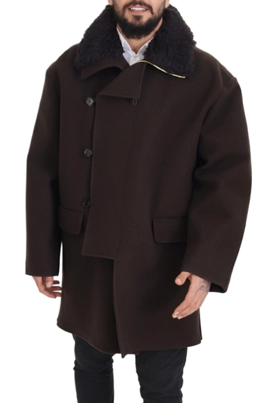 Shop Dolce & Gabbana Elegant Dark Brown Shearling Coat Men's Jacket