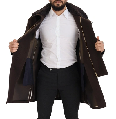 Shop Dolce & Gabbana Elegant Dark Brown Shearling Coat Men's Jacket