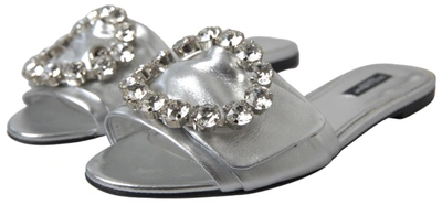 Shop Dolce & Gabbana Crystal-embellished Silver Leather Women's Slides