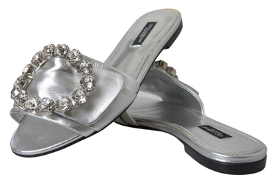 Shop Dolce & Gabbana Crystal-embellished Silver Leather Women's Slides