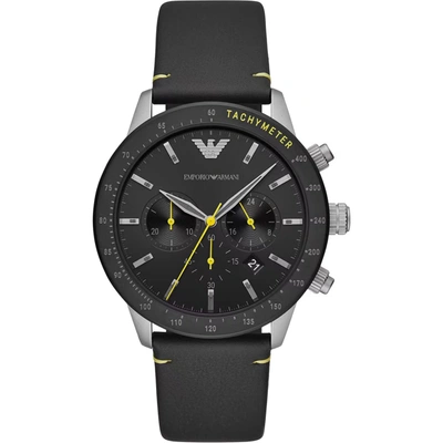 Shop Emporio Armani Elegant Chronograph Leather Strap Men's Watch In Black