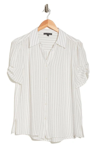 Shop Adrianna Papell Gathered Short Sleeve Button-up Shirt In Ivory Vertical Pinstripe