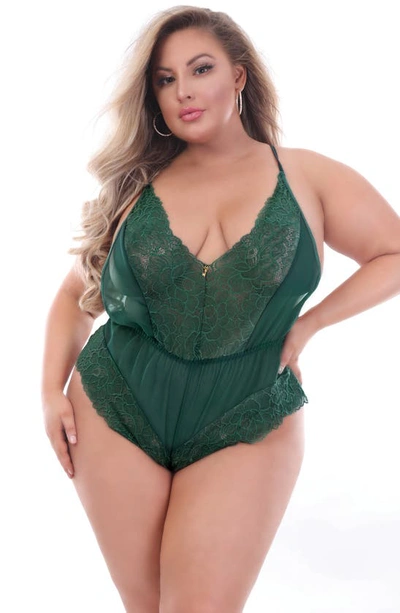 Seven 'til Midnight Seven ‘til Midnight Lace & Chiffon Teddy Romper In Green