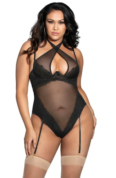 Seven 'til Midnight Seven ‘til Midnight Halter Lace & Mesh Teddy In Black