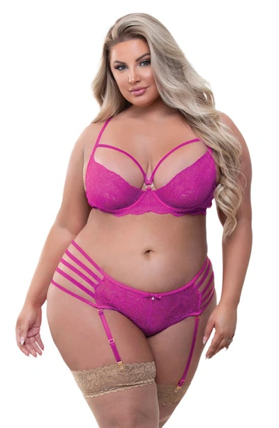 Seven 'til Midnight Seven ‘til Midnight Lace Bra & Panties With Garter Straps Set In Fuchsia