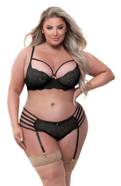 Seven 'til Midnight Seven ‘til Midnight Lace Bra & Panties With Garter Straps Set In Black