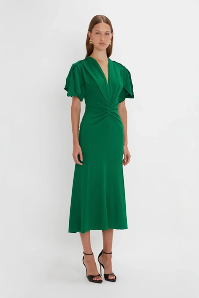 Shop Victoria Beckham Gathered V-neck Midi Dress In Green