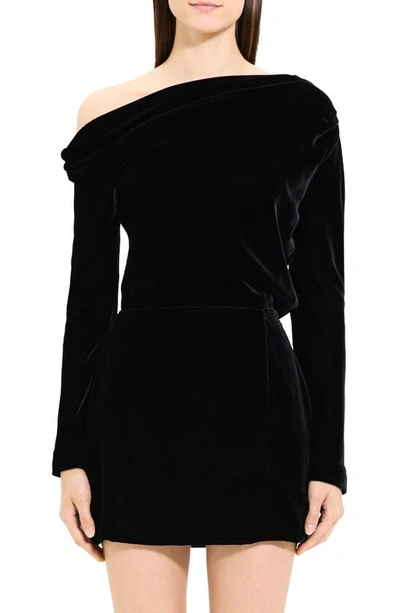 Shop Theory One-shoulder Long Sleeve Stretch Velvet Minidress In Black