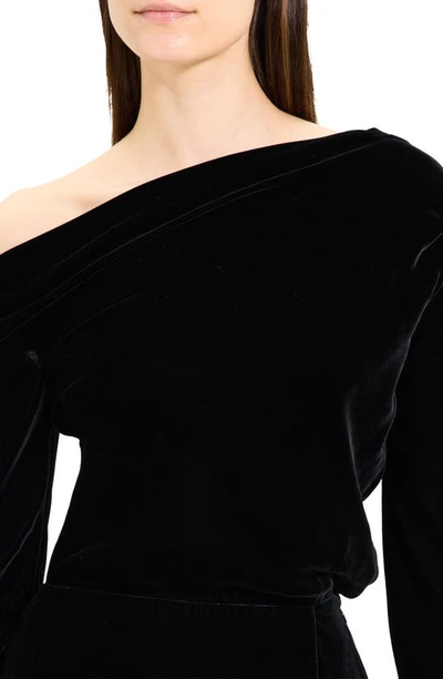 Shop Theory One-shoulder Long Sleeve Stretch Velvet Minidress In Black