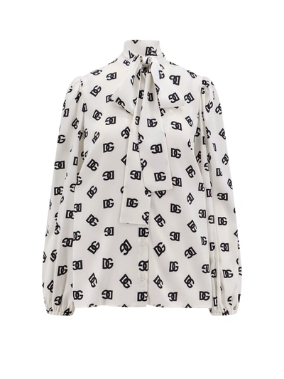 Shop Dolce & Gabbana Silk Shirt With All-over Dg Logo