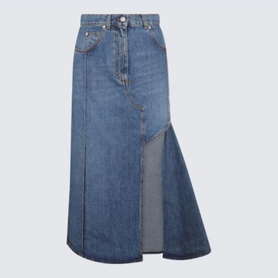 Shop Alexander Mcqueen Blue Cotton Slashed Denim  Skirt In Blue Stone Wash
