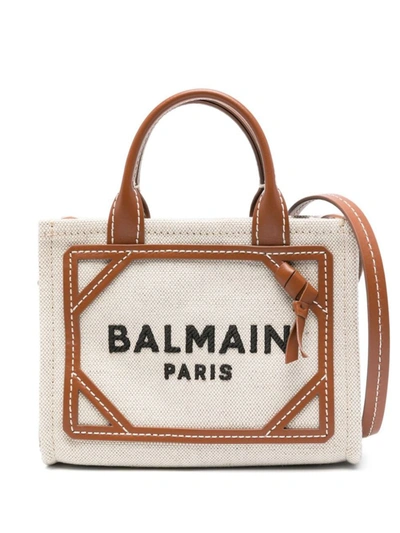 Shop Balmain B-army Mini Canvas And Leather Trims Tote Bag In Beige